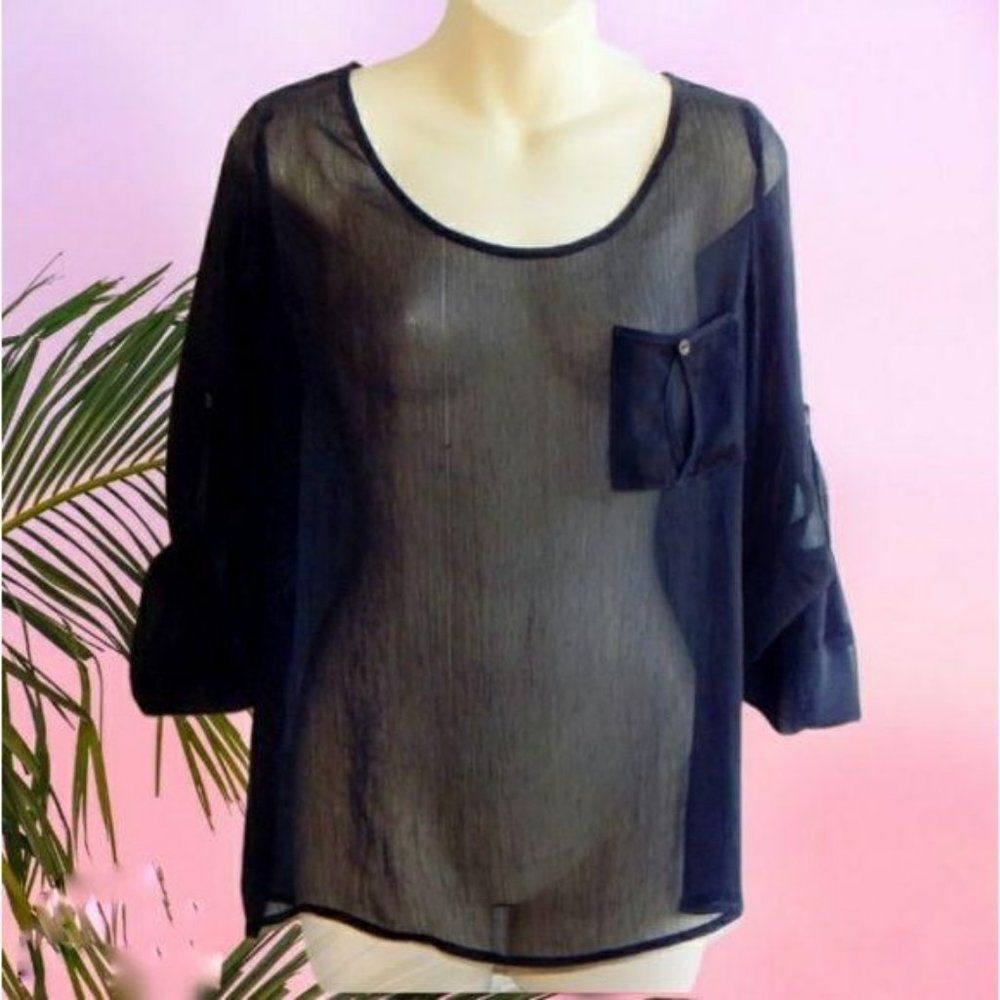 Vintage ZENANA Black Sheer Chiffon Keyhole Back Blouse